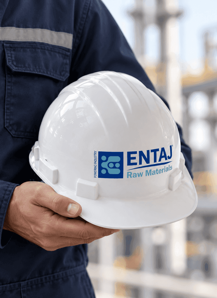 ENTAJ-branded hard hat held by a site worker